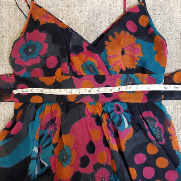 EUC spaghetti strap, tie-back, A-line dress. Size L. Orange, pink, black & teal. - Picture 3 of 9